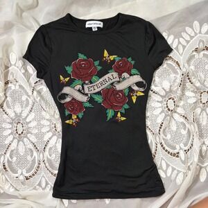 Y2K Grunge Eternal Rose Graphic Tee Black Rhinestone Butterfly Womens M